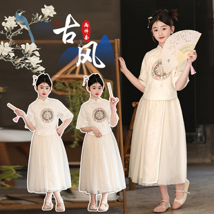中式汉服女童夏季复古民族，风上衣半身裙套装，中大童古典国风马面裙