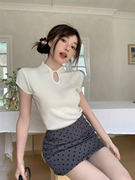 新中式小香风针织衫女飞飞袖短袖t恤设计感小众国风盘扣立领上衣