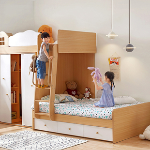 交错式上下床双层床组合床儿童衣帽间高低床子母，床上下铺上床下柜