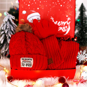 儿童帽子围巾手套三件套加绒围脖可爱鹿角，宝宝毛线帽圣诞