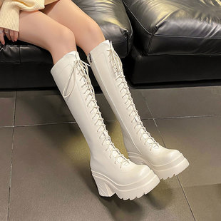 米白色秋冬季超高跟10cm长靴厚底粗跟高筒真皮不过膝长筒靴骑士靴