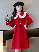 女童红色连衣裙秋冬季大童礼服加绒女孩公主裙，冬装打底儿童拜年服