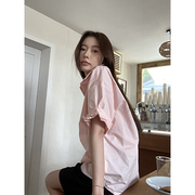 haloluu粉色衬衫女夏季韩系短袖衬衣，薄款宽松显瘦设计感上衣