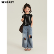 senbaby童装定制女童夏装无袖针织衫T恤韩版儿童百搭竖条针织上衣