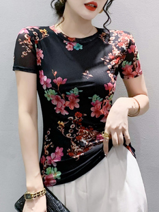 夏季网纱短袖t恤女修身弹力，圆领上衣时髦花色蕾丝洋气小衫薄