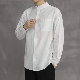 白色长袖亚麻衬衫男士休闲翻领宽松青年日系透气棉麻布衬衣寸男潮