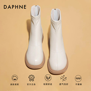 达芙妮厚底白色短靴女鞋子，2023秋冬平底冬季加绒冬天瘦瘦靴子