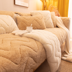 毛绒沙发垫冬季加厚防滑坐垫简约现代纯色皮木沙发套罩巾盖布