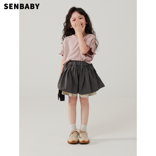senbaby女童短袖t恤儿童，夏装套装中大童韩版粉色，上衣+休闲短裤裙