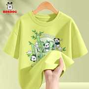 巴布豆女童短袖t恤衫纯棉2024洋气熊猫绿色，上衣儿童夏装衣服