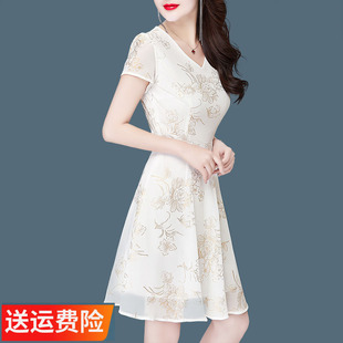 白色连衣裙短袖女中年2023夏季网纱印花雪纺气质仙女裙显瘦
