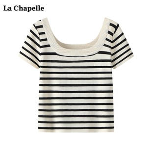 拉夏贝尔/La Chapelle黑白条纹短袖针织衫女夏季方领小衫上衣