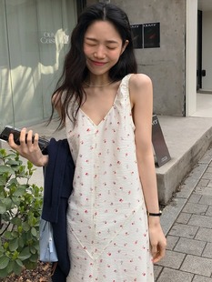 韩国chic夏季甜美浪漫气质，v领小清新碎花宽松无袖，背心长款连衣裙