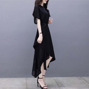 赫本风黑纱裙子2023夏季修身中长裙不规则气质名媛黑色雪纺连衣裙