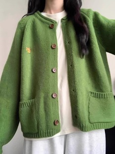 日系复古绿色针织开衫毛衣，外套女2024春季慵懒宽松风软糯上衣