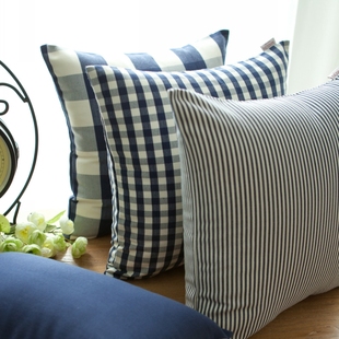 地中海蓝色格子靠垫客厅沙发抱枕抱枕套不含芯正方形大靠垫套