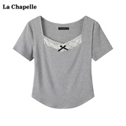 拉夏贝尔/La Chapelle正肩蕾丝花边短袖T恤女夏修身打底小衫上衣