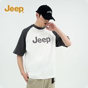 jeep吉普短袖男夏季纯棉，宽松运动衣服，男款重磅潮拼接男士t恤