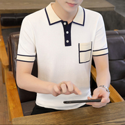 夏季男士冰丝短袖Polo衫韩版修身小口袋针织翻领T恤英伦型男半袖T