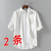亚麻衬衫男士短袖夏季薄款宽松棉麻料白色衬衣潮流纯色个性上衣服