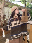 大码女装森系复古学生宽松针织开衫外套+衬衫两件套秋季胖mm套装