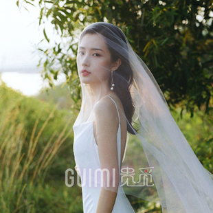 复古韩国拍照头纱长款飘逸软纱白色婚纱摄影单层新娘轻薄舞蹈素纱