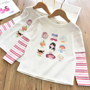 韩系洋气女童假两件彩虹条拼接袖打底衫儿童纯棉卡通图案T恤24春