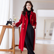 秋冬红色长外套女呢子大衣时尚，显瘦修身保暖上衣韩版法式喜庆风衣