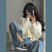 v领麻花毛衣女宽松短款秋冬2023年小个子日系慵懒风开衫上衣