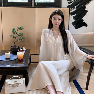 FairyJiang新中式国风白色披肩雪纺开衫外套套装女吊带背心两件套