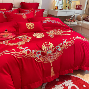 新中式龙凤婚庆四件套，纯棉全棉被套红色陪嫁送礼结婚床单床上用品