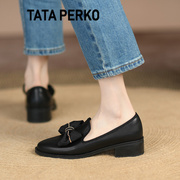 TATA PERKO联名真皮蝴蝶结小皮鞋黑色中粗跟工作鞋法式穆勒鞋