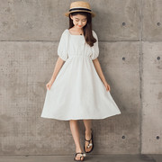 女童白色连衣裙夏装洋气中大童2024新亲子装韩版儿童泡泡袖公主裙