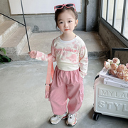 女童套装春装，2024韩版洋气时髦儿童工装裤女孩，宝宝春秋三件套