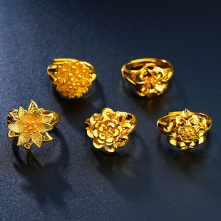 越南沙金戒指女久不掉色黄金花朵夸张结婚情侣新娘假三金真首饰品