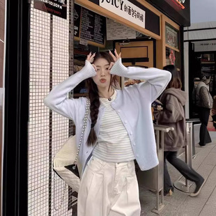韩系套装女装春季温柔针织开衫条纹短袖T恤白色休闲阔腿裤三件套