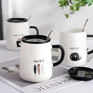 马克杯陶瓷带盖勺喝水杯子，创意潮流男女，情侣家用办公室早餐咖啡杯