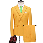 秋装男士大码西服两件套双排扣纯8色大码橘黄色时尚男装外套西裤