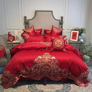 新中式大红婚庆80支全棉提花四件套古典刺绣被套床单结婚床品