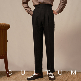 CULTUM重磅法国亚麻那不勒斯单褶高腰西裤男士春夏透气直筒休闲裤