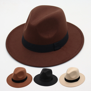 上海滩帽子复古丝带礼帽男女毛呢爵士，帽英伦风，新郎黑色呢子帽秋冬
