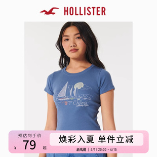 Hollister春夏美式辣妹透气圆领修身印花短款短袖T恤 女 355423-1