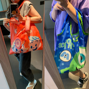 韩国可折叠收纳蓝色橙色超市，便携袋单肩大包布女包(布女包)