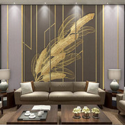 现代简约电视背景墙壁纸抽象线条，金色羽毛影视，墙壁画卧室客厅墙布