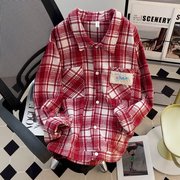 vintage美式复古红色格子衬衫男秋季穿搭潮牌情侣，款长袖衬衣外套