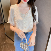洋气雪纺短袖蕾丝衫女夏季2022年韩版时尚减龄超仙的甜美上衣