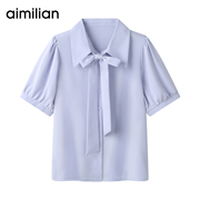 艾米恋蝴蝶结雪纺衬衫女士蓝色短袖衬衣，夏白色(夏白色)气质设计感法式上衣