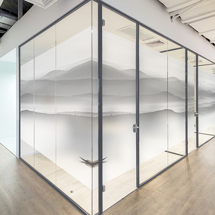 新中式艺术山水画玻璃贴纸办公室创意静电免胶磨砂玻璃贴膜定制
