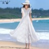 白色雪纺连衣裙女2023夏季长款大摆仙气减龄度假v领沙滩长裙