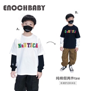 enochbaby童装男童长袖拼接套头t恤彩色字母，印花假两件纯棉打底衫